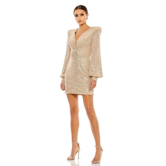NWT Mac Duggal Sequined Structured Bishop Sleeve Mini Dress Rose Gold 0 #9804 - Picture 1 of 9